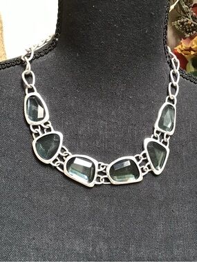 Silver-Tone Statement Necklace with Dark Green Faceted Stones